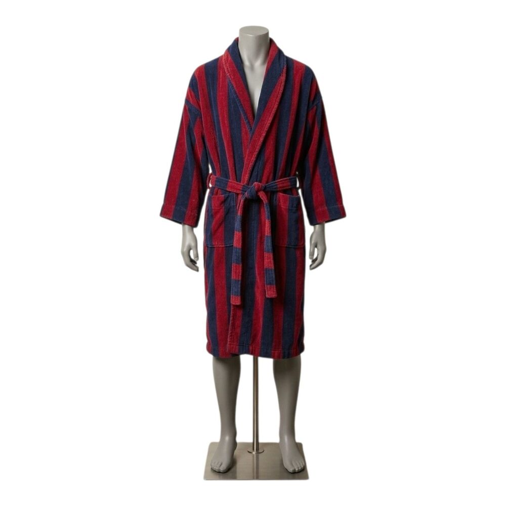 Vintage Nautica Long Robe Mens Heavyweight Terry Cloth Striped Red Navy Blue